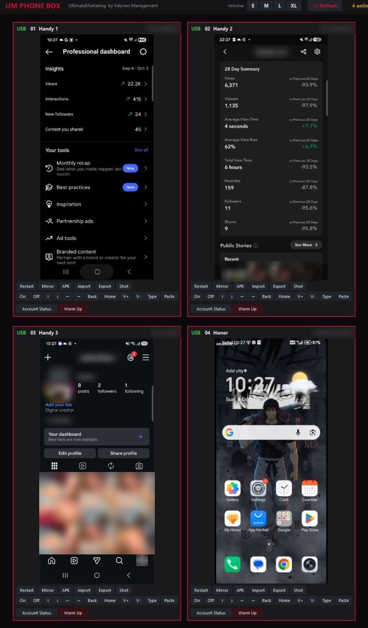 Our phone wall: four posting phones running live in the Valyrian control panel